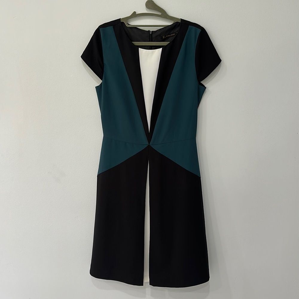 Zara Women's Black White Blue Crew Neck Short Sleeve Midi Dress Sz Small